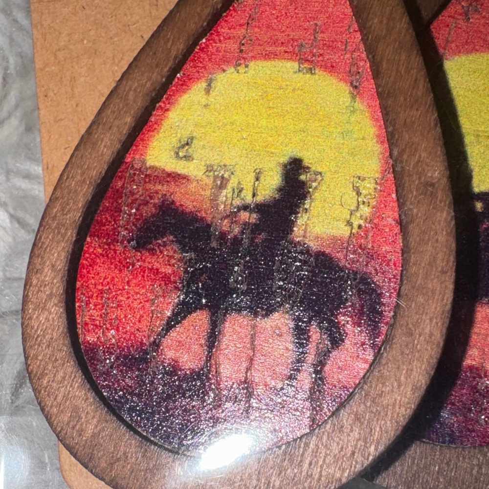 Cowgirl Wood Sunset Silhouette Earrings - Picture 2 of 2